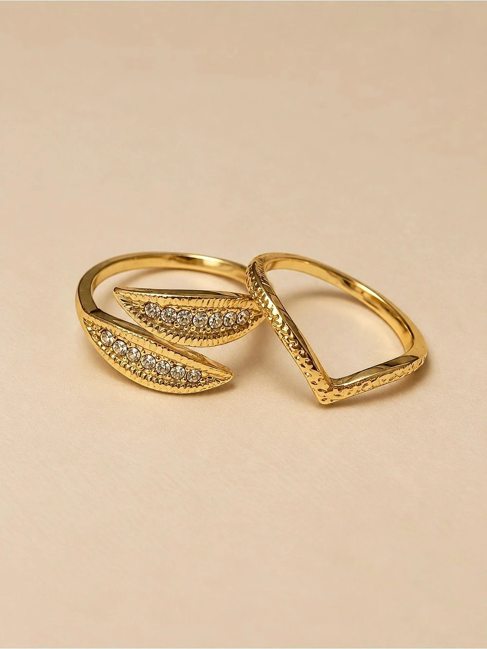 Juwelo 14K Gold Plated Leaf Wrap & Chevron Ring Set